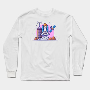 Space Shuttle Taking Off with Tower, Satellite and Mountain Cartoon Vector Icon Illustration Long Sleeve T-Shirt